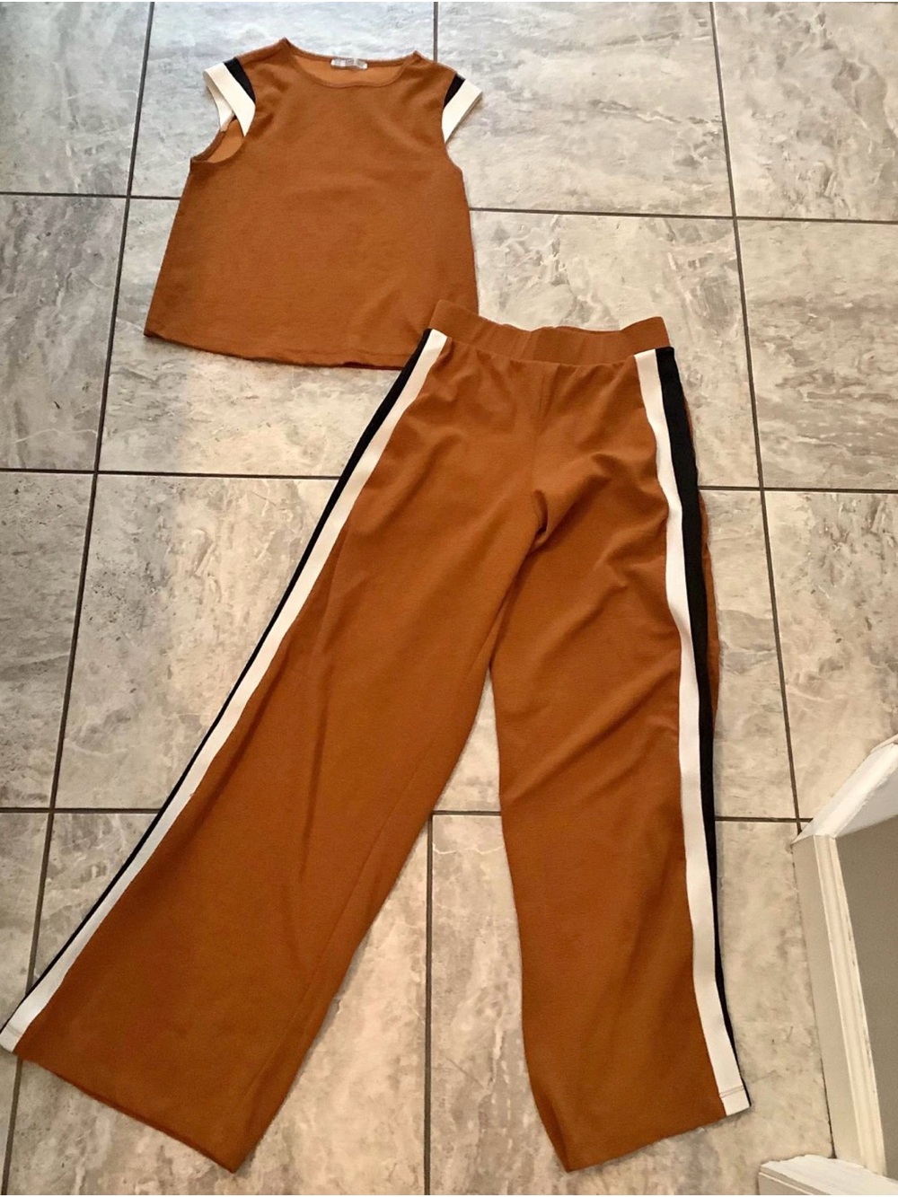 Zara Camel Wide-Leg Track Pants & Tank Set with Black and White Side Stripes